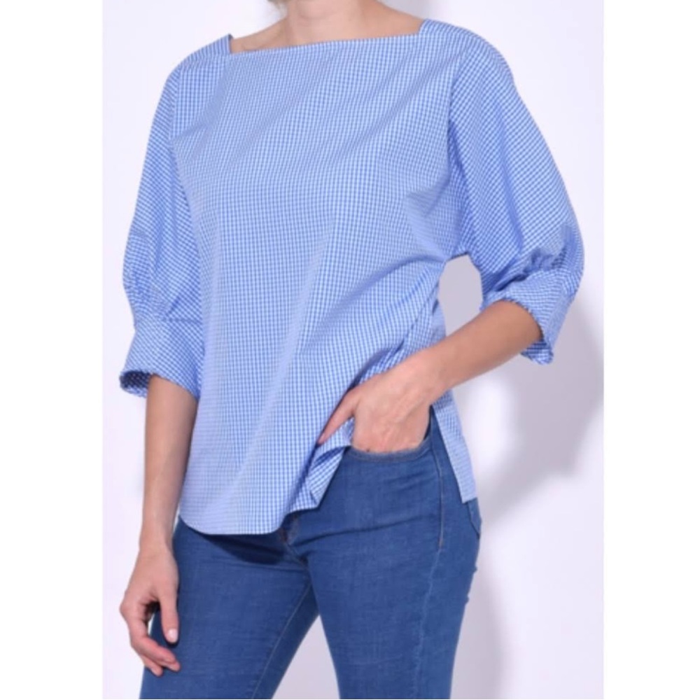 Tibi blue white gingham boat neck blouse top sz Large L